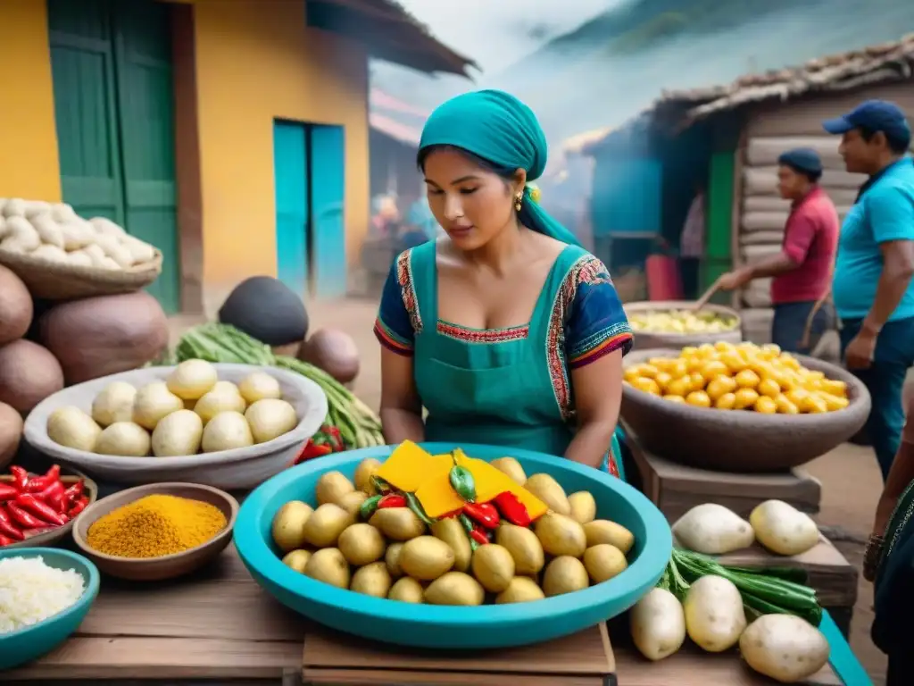 Vibrante escena de mercado en Perú con ingredientes frescos