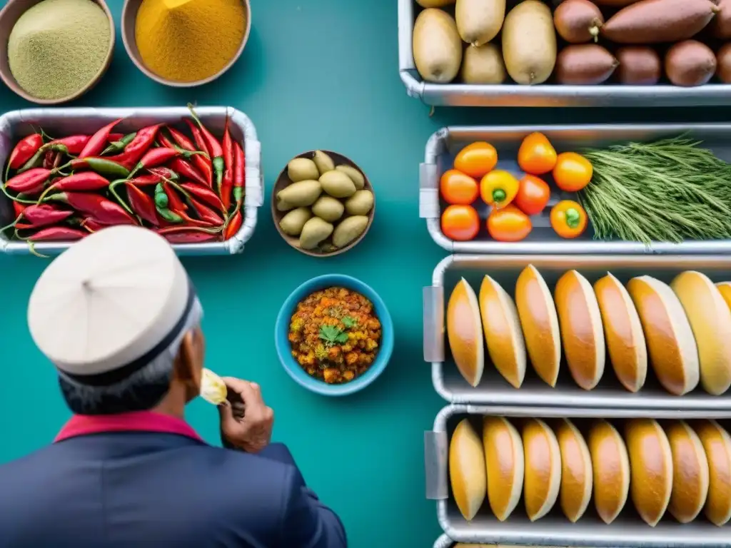 Una vibrante escena de mercado en Perú con ingredientes autóctonos para sanguches, resaltando la historia culinaria