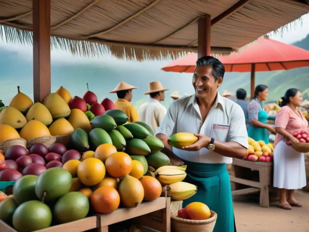 Vibrante escena de mercado en Perú con maracuyá fresco y vendedores coloridos