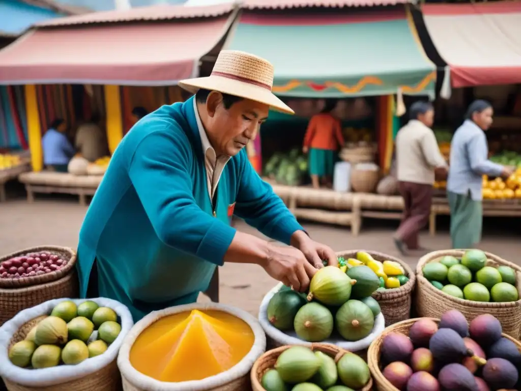 Vibrante escena en mercado peruano tradicional con refresco de higo peruano tradicional