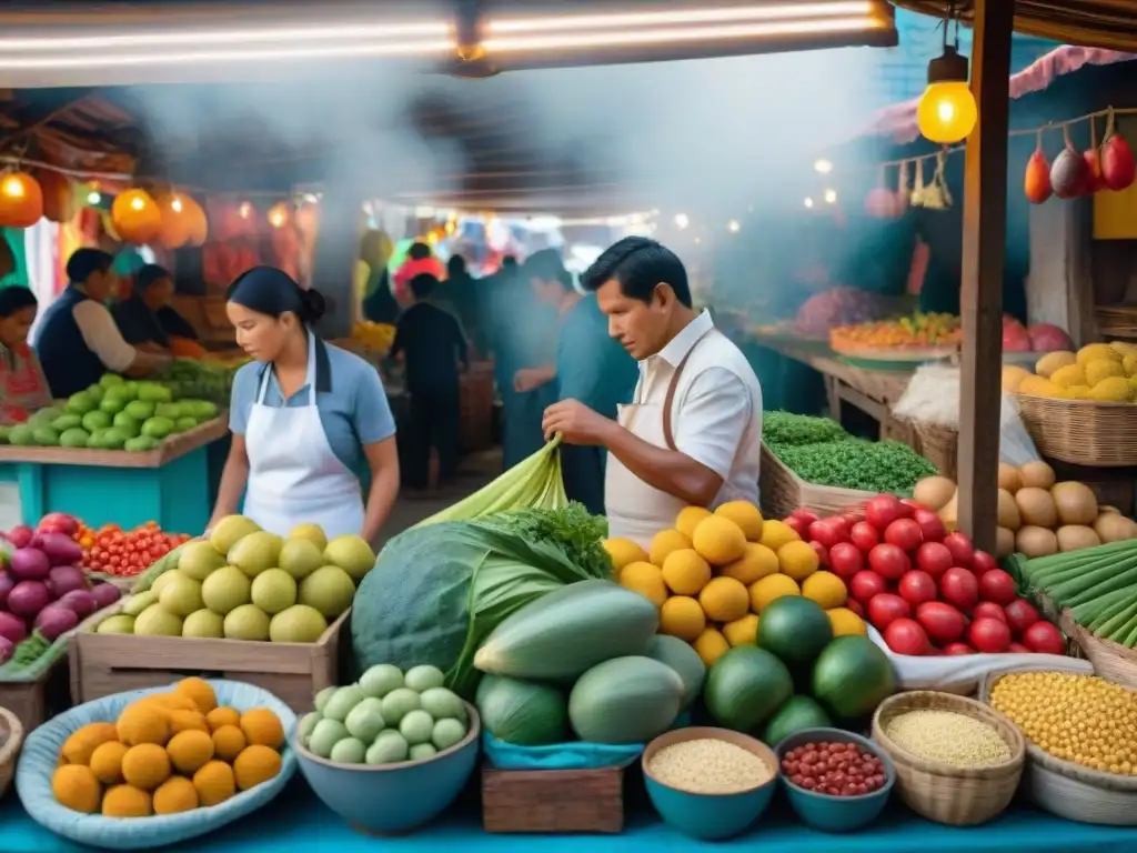 Vibrante escena de mercado peruano con cocina tradicional, ingredientes auténticos y colores brillantes, perfecta para influencers de redes sociales