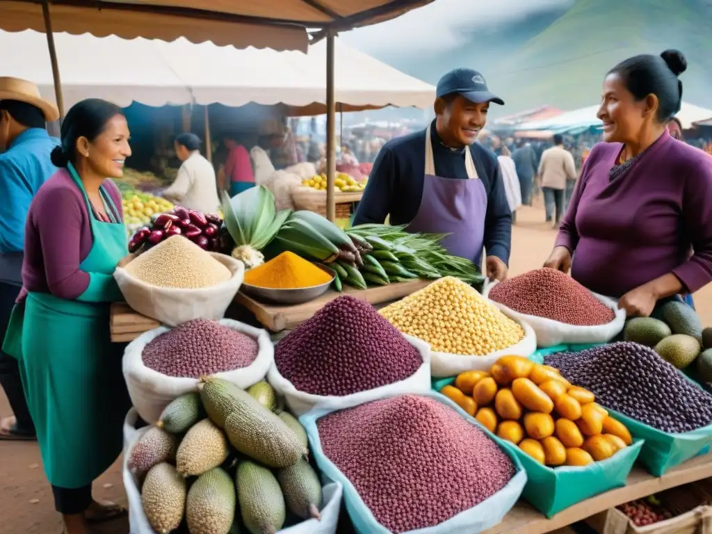 Una vibrante escena de mercado peruano con ingredientes autóctonos