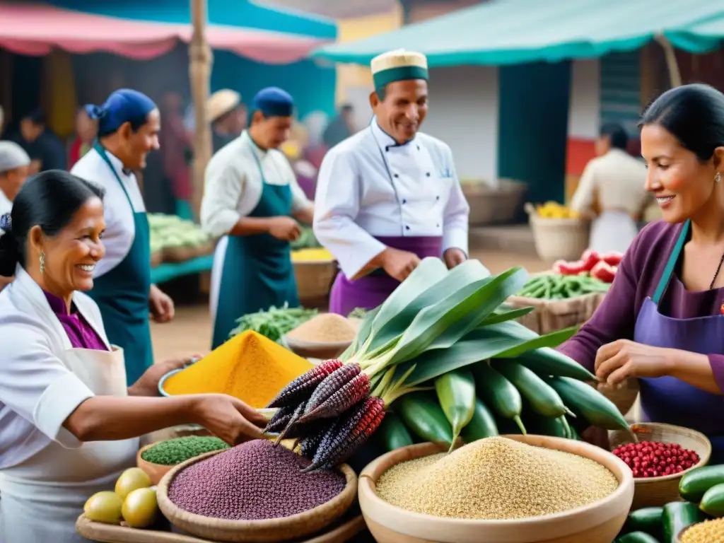 Vibrante escena de mercado peruano con chefs y ingredientes autóctonos, resaltando la riqueza de la gastronomía peruana