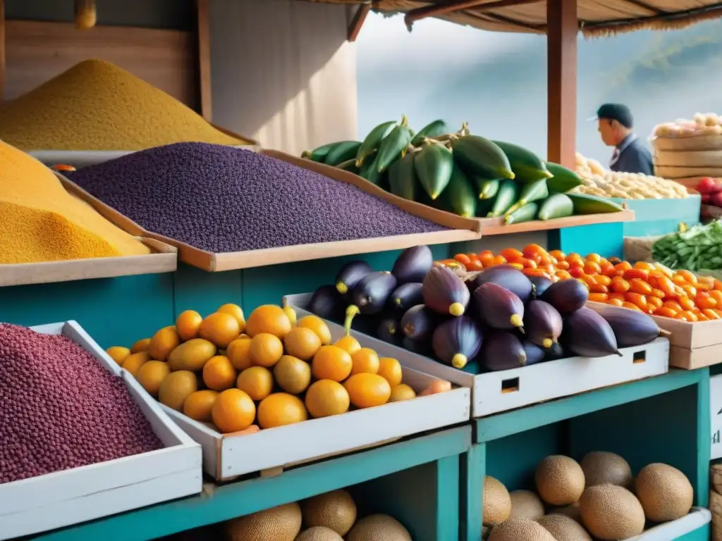 Una vibrante escena de mercado peruano con ingredientes autóctonos y colorida interacción entre vendedores y clientes