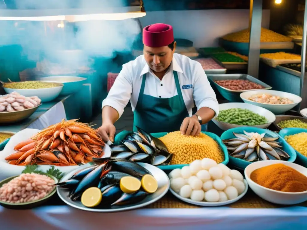 Vibrante escena de mercado peruano con cebiche auténtico tradicional y mariscos frescos en exhibición