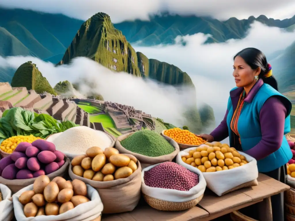 Una vibrante escena de mercado peruano con ingredientes autóctonos y chefs seleccionando productos frescos