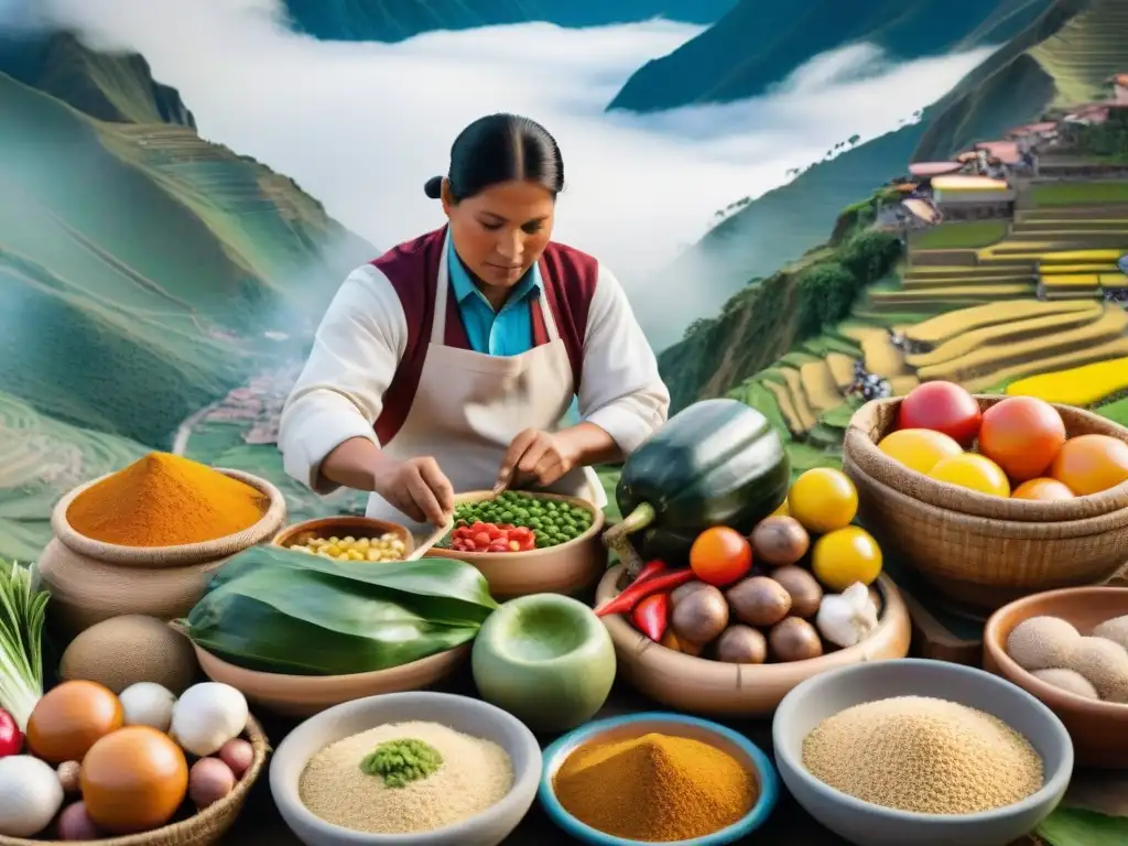 Una vibrante escena de mercado peruano mejora la experiencia culinaria con auténticas delicias y coloridos productos locales