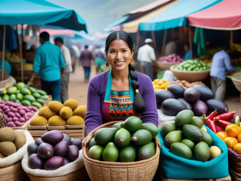 Una vibrante escena de mercado peruano tradicional, repleta de coloridos ingredientes y vendedores locales