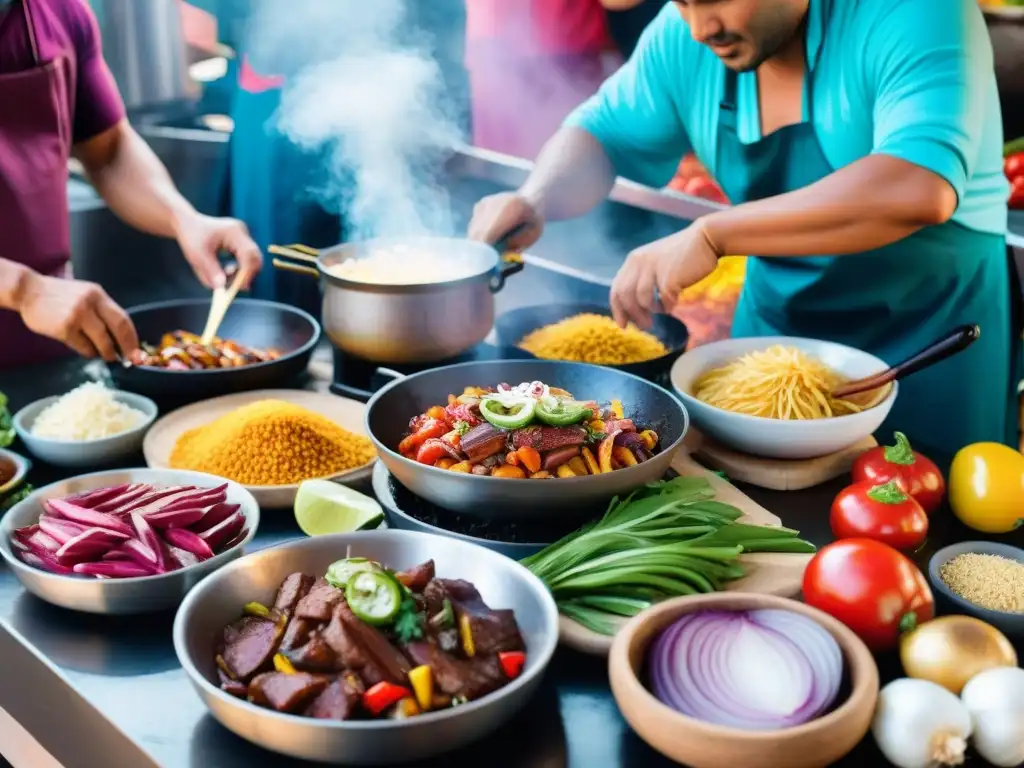 Vibrante escena en mercado peruano con lomo saltado, historia del lomo saltado peruano