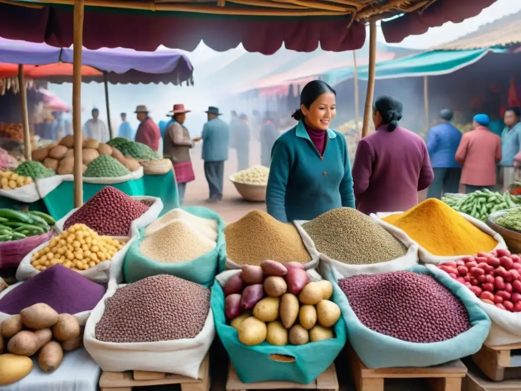 Una vibrante escena de un mercado peruano con ingredientes frescos y coloridos para platos peruanos cocina apps