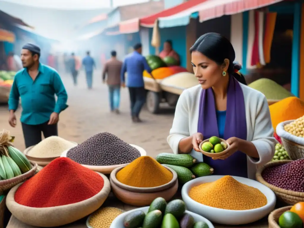 Una vibrante escena de mercado peruano con ingredientes autóctonos y talleres privados gastronomía peruana