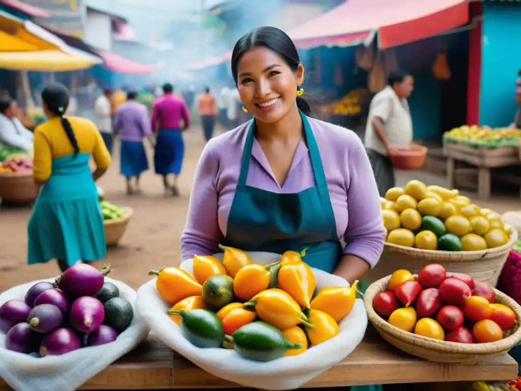 Una vibrante escena de mercado peruano muestra ingredientes indígenas coloridos y exóticos