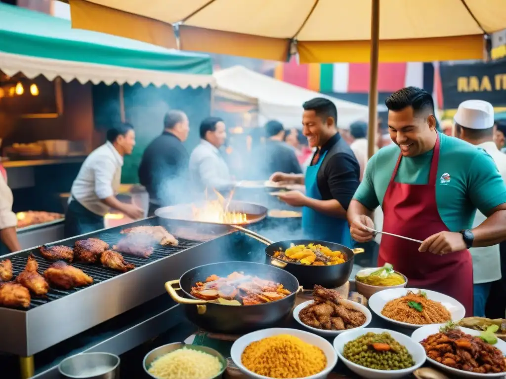 Vibrante escena en mercado peruano con puestos de pollo a la brasa