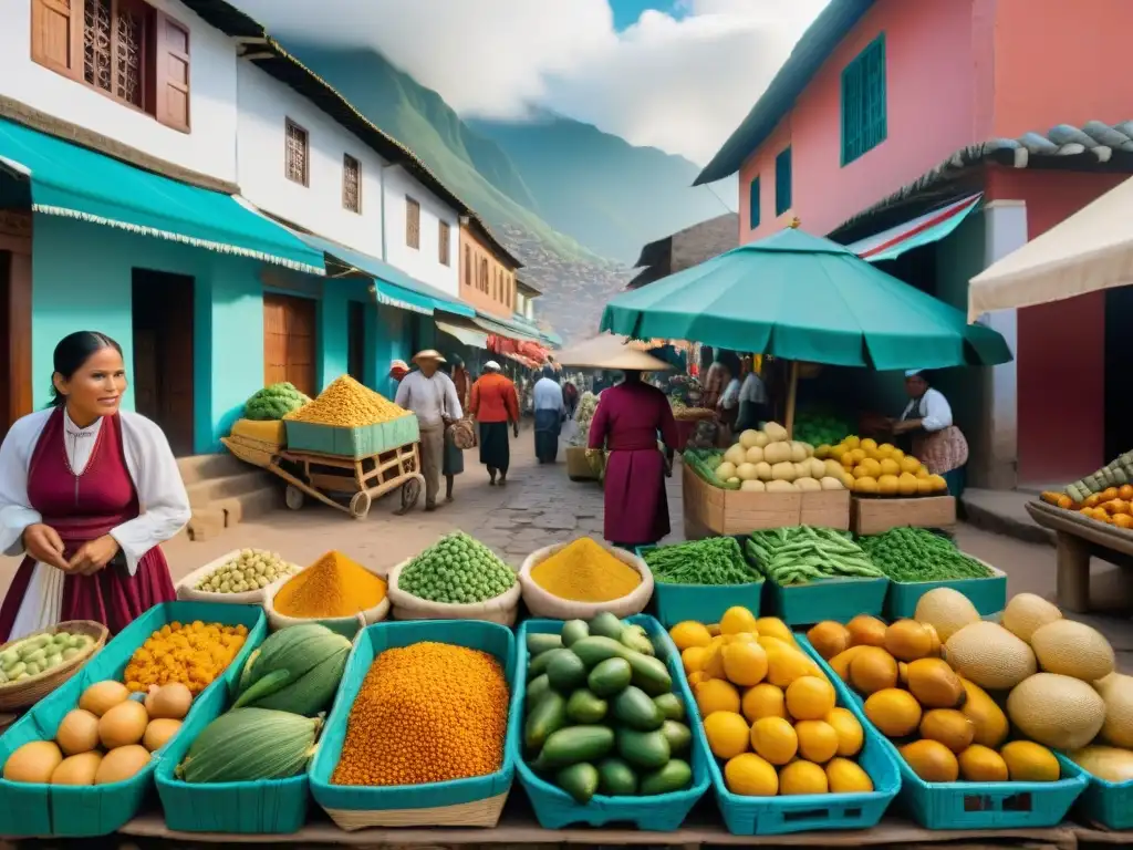 Una vibrante escena de mercado peruano con ingredientes autóctonos en cestas y cajones de madera, reflejando la riqueza de la gastronomía peruana