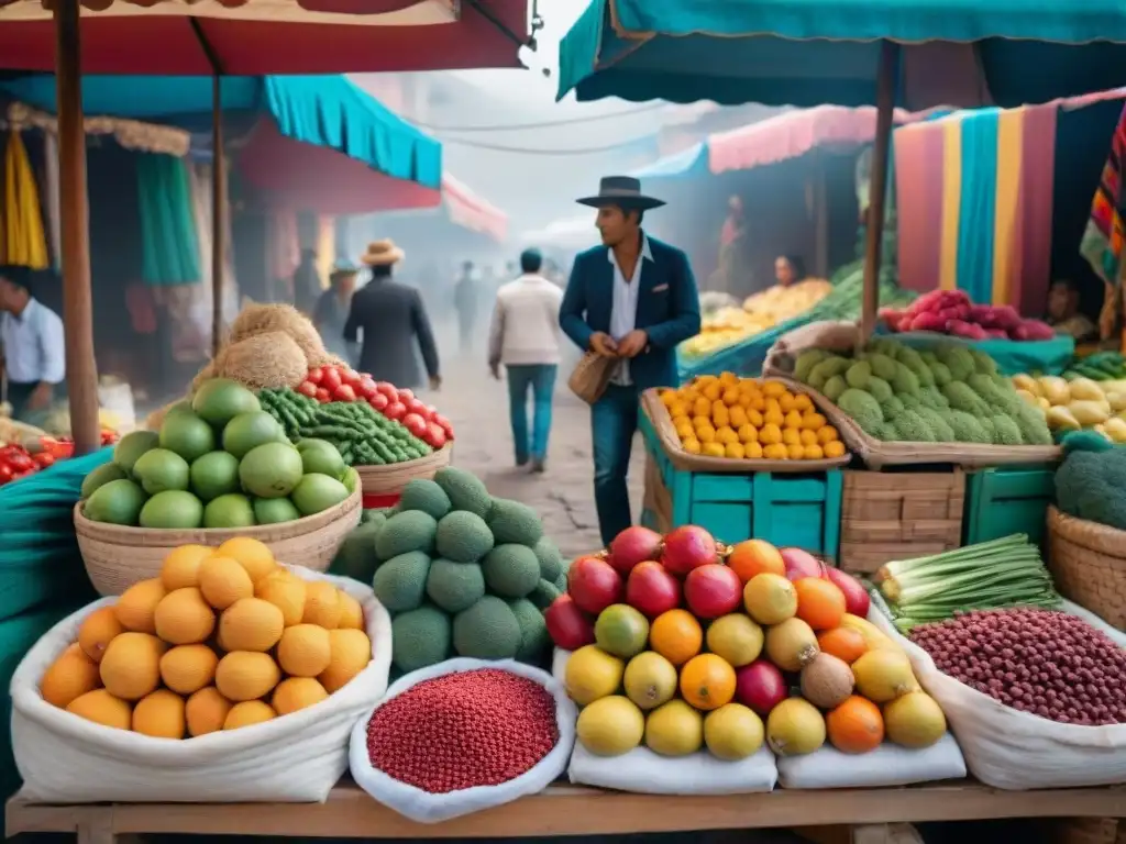 Mercado peruano: colores, sabores y cultura vibrante Vibrante escena de mercado peruano con productos locales y textiles tradicionales