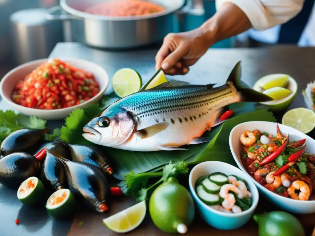 Vibrante escena de mercado de pescado en la costa peruana