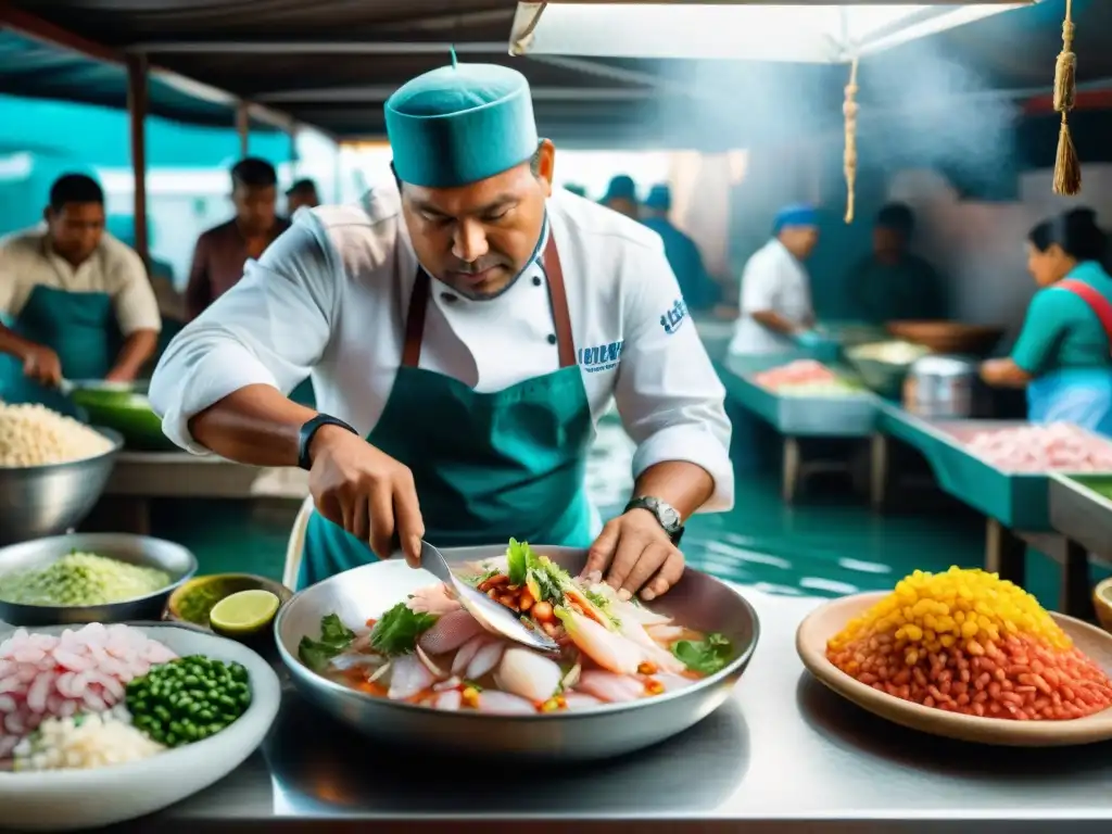 Vibrante escena en un mercado de pescado en Perú, con chefs preparando ceviche tradicionalmente