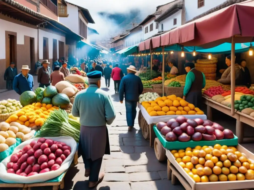 Vibrante escena del Mercado de San Pedro en Cusco, Perú, rebosante de colores, texturas y gastronomía andina auténtica