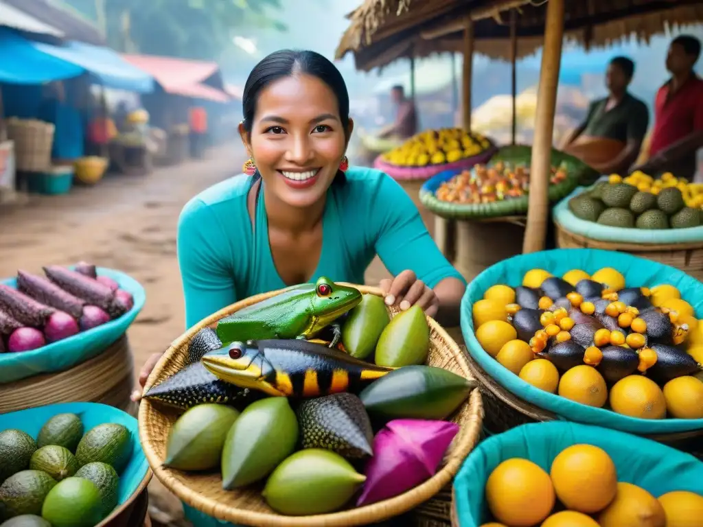 Una vibrante escena de mercado en la selva peruana, con manjares inusuales y coloridas frutas tropicales