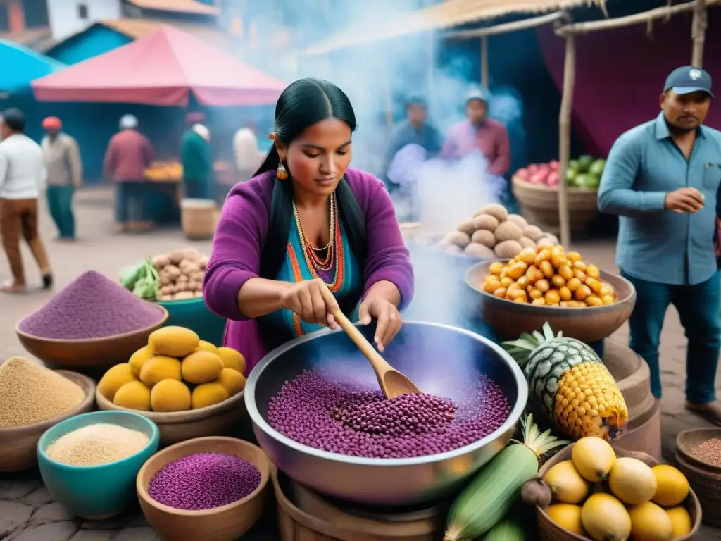 Una vibrante escena de un mercado tradicional peruano con chicha morada receta, destacando ingredientes como maíz morado, piñas y canela