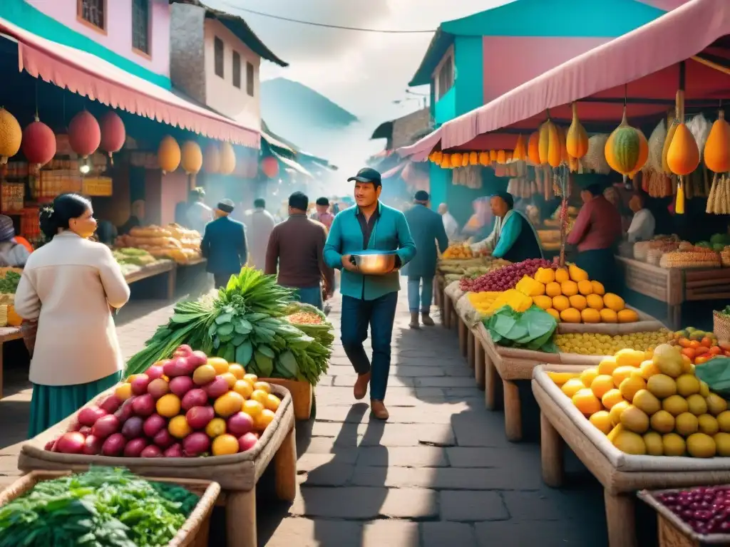 Una vibrante escena de un mercado tradicional peruano con una variedad de bebidas peruanas tradicionales en una fotografía detallada y colorida