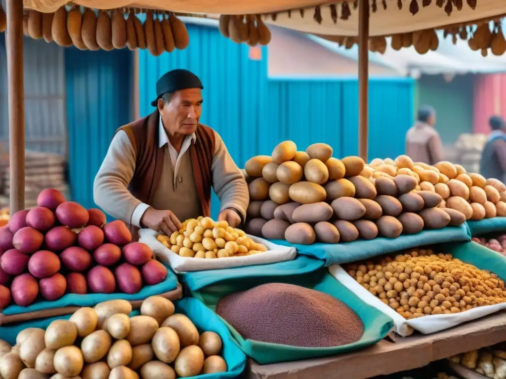 Una vibrante escena en un mercado de Perú, con más de 50 variedades de papas autóctonas