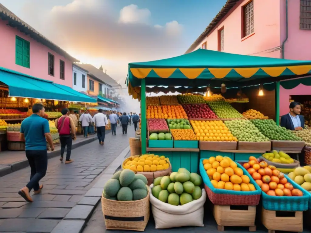 Vibrante escena de mercados en Lima con frutas exóticas, mural de tradiciones de bebidas peruanas