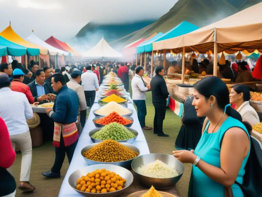 Vibrante escena de Mistura, la mayor feria gastronómica de Perú, con puestos de comida y gente disfrutando