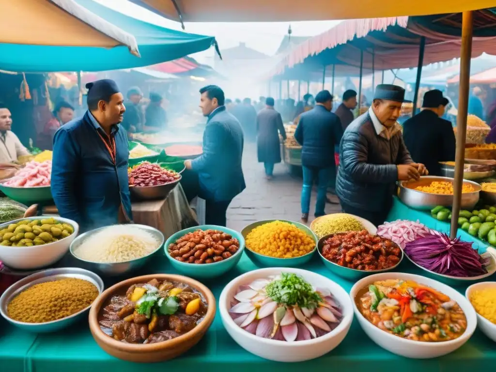 Una vibrante escena de la gastronomía peruana en un mercado de Lima, con platos tradicionales y coloridas textiles andinas