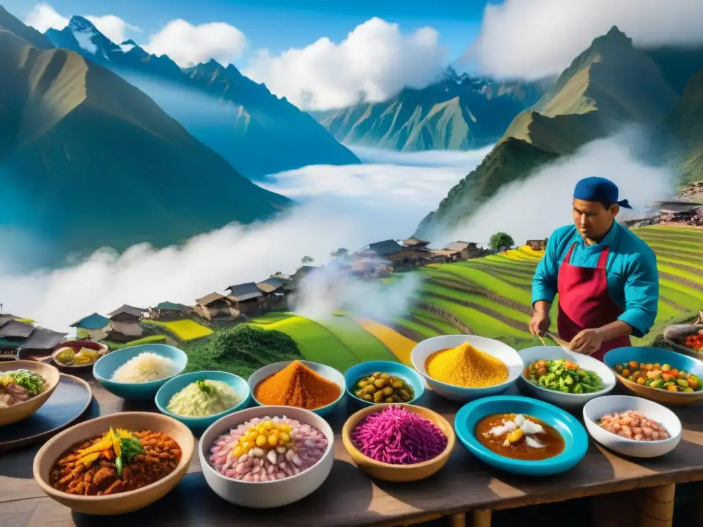 Una vibrante escena de la gastronomía peruana en platos tradicionales, con montañas cubiertas de niebla de fondo