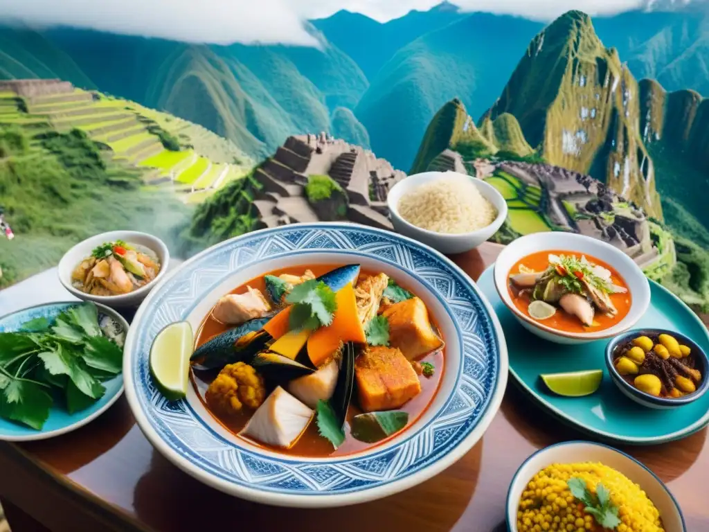 Delicias del Sudado de Pescado Peruano: Tradición y Colorido Una vibrante escena peruana de recetas tradicionales sudado pescado Peru, con platos coloridos en cerámica artesanal