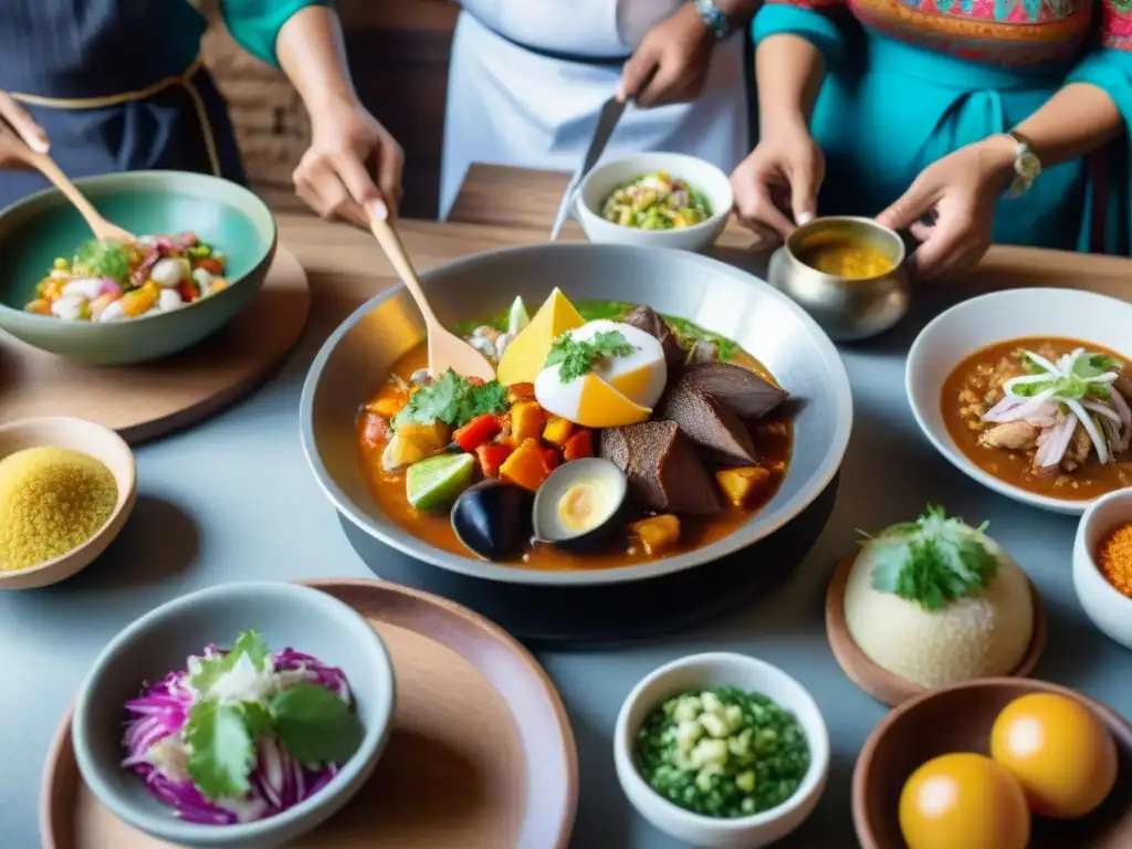 Vibrante escena de una picantería peruana con chefs preparando platos tradicionales, clientes disfrutando de la gastronomía peruana