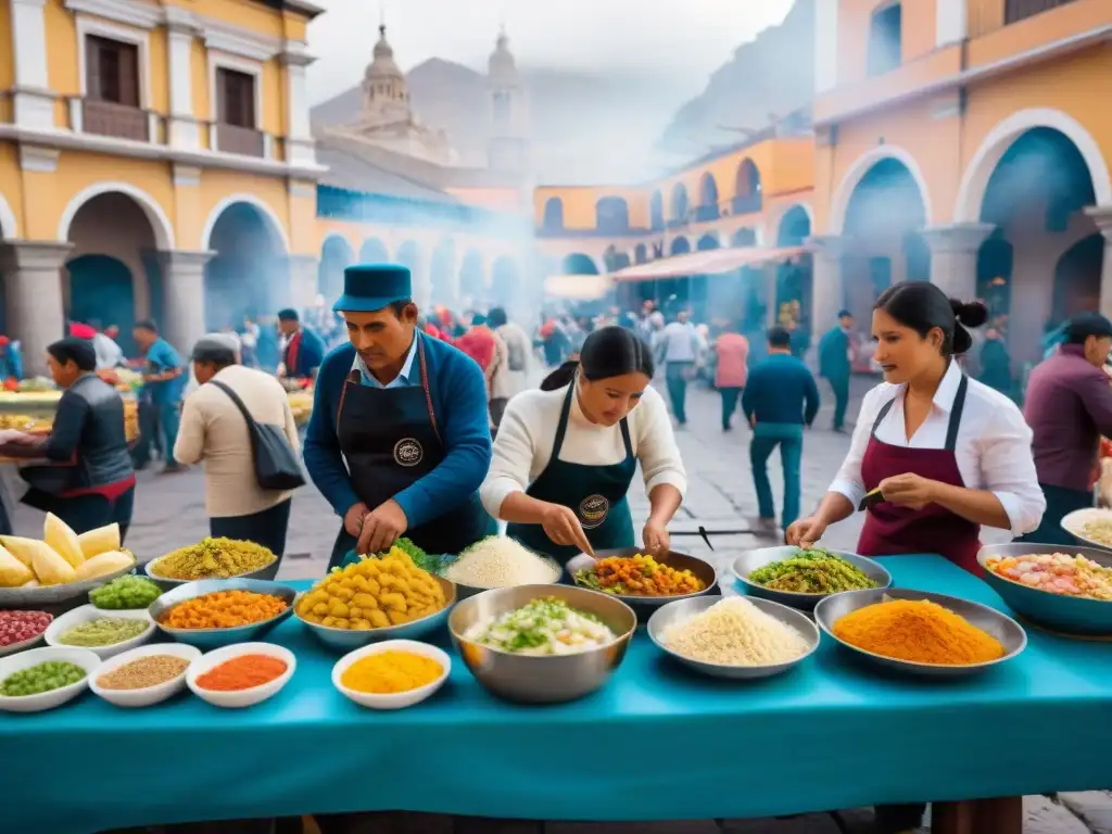 Vibrante escena de la Plaza de Armas en Arequipa, Perú, con Gastronomía tradicional peruana en Arequipa