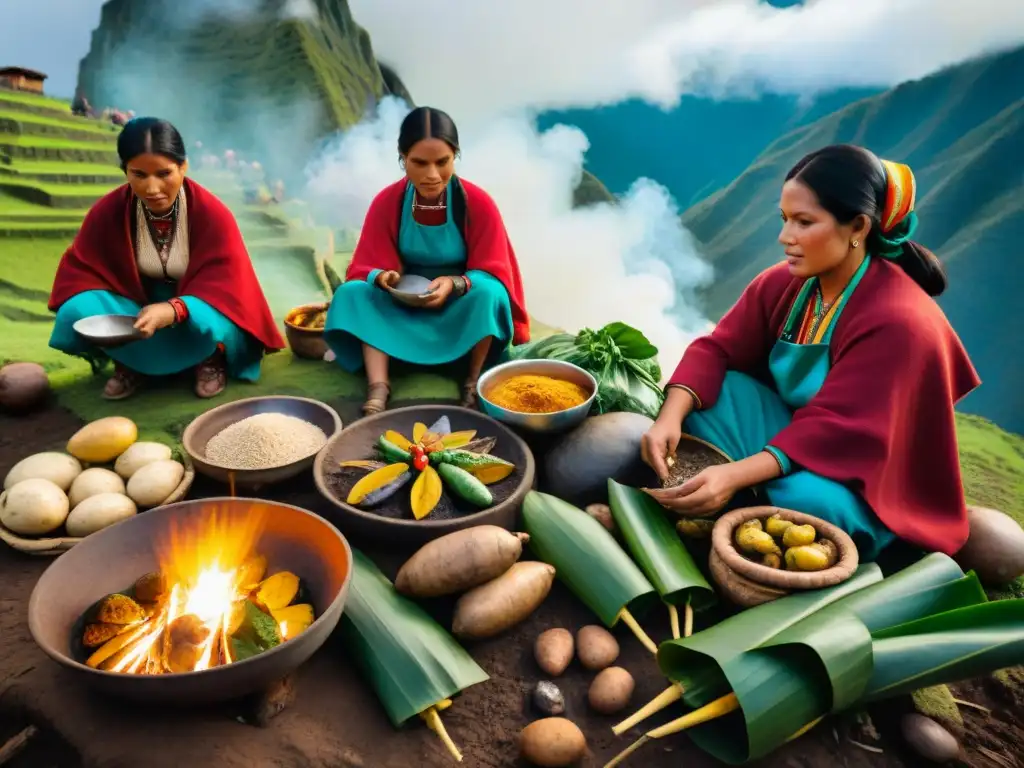 Vibrante escena de receta tradicional pachamanca Perú: mujeres indígenas preparando alimentos en hoyo con piedras calientes y hojas de plátano