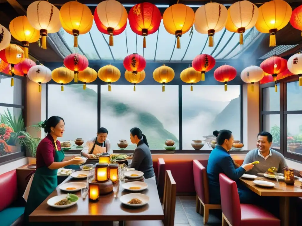 Vibrante escena de un restaurante Chifa en Lima, fusionando la historia de la cocina peruana y china