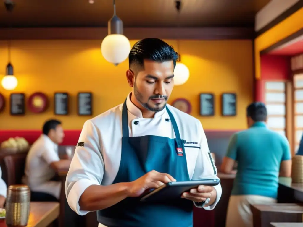 Vibrante escena en restaurante peruano con tecnología en diseño