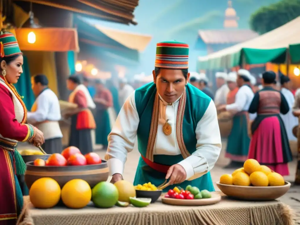 Vibrante escena de teatro gastronómico en Perú con actores y mercado colorido