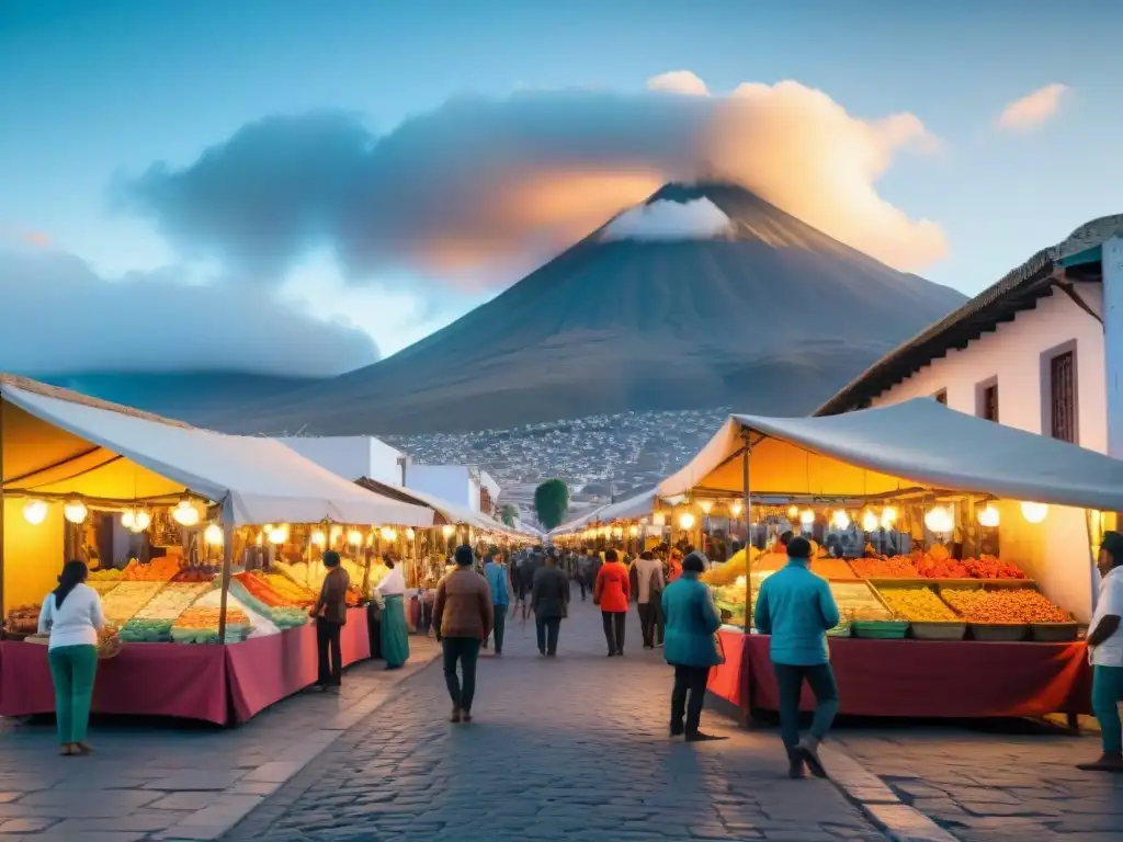 Vibrante escena de la gastronomía tradicional peruana en Arequipa: coloridos puestos de comida, vendedores locales y arquitectura colonial