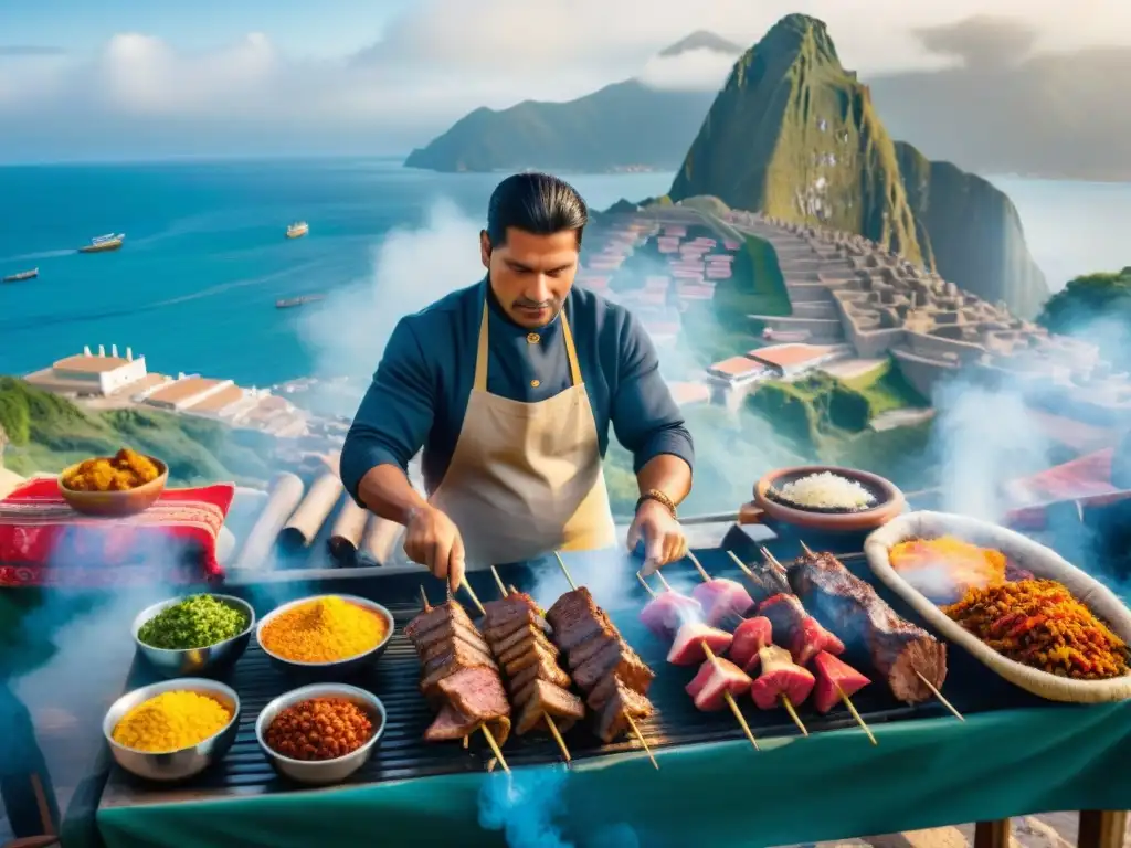 Vibrante escena de vendedores peruanos preparando anticuchos corazón en una ciudad costera, fusionando tradición y modernidad