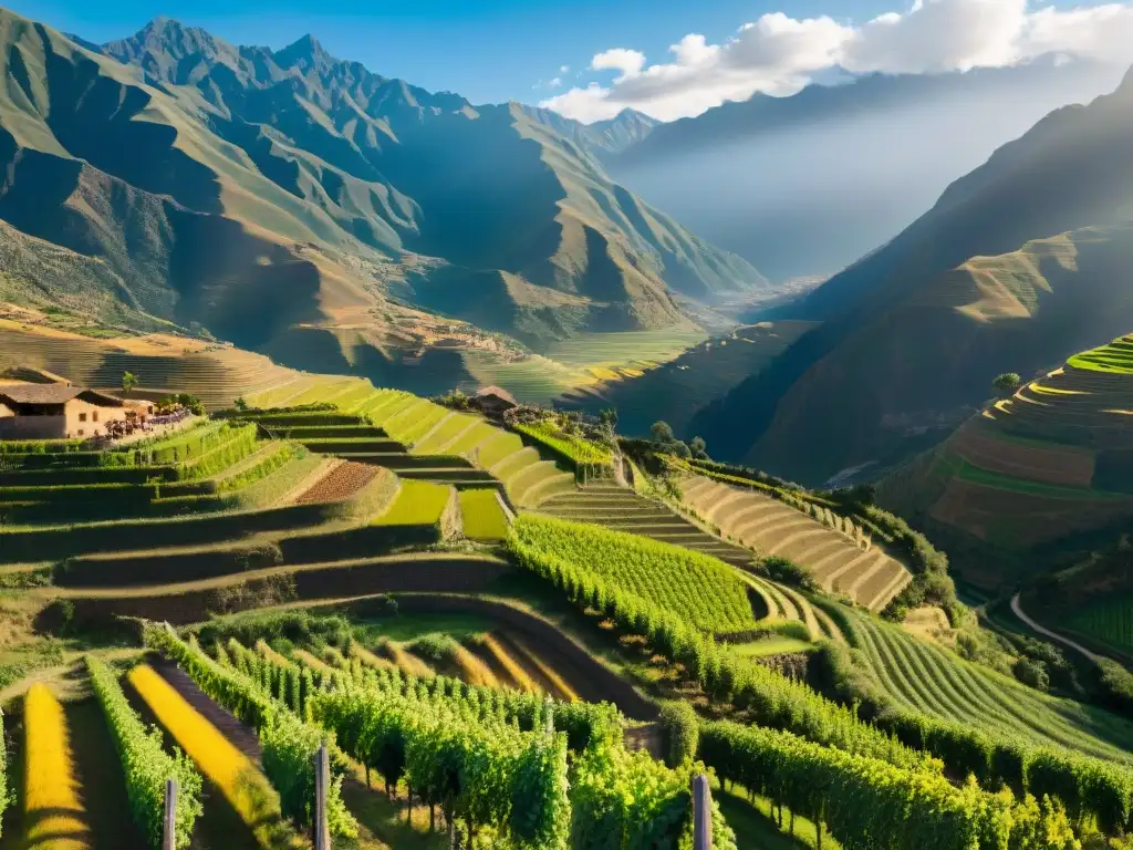 Vibrante escena de viñedos en el Valle Sagrado del Cusco, con los Andes de fondo