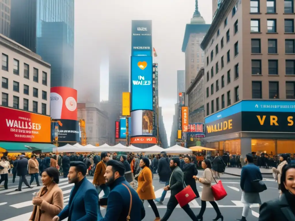 Un vibrante escenario callejero en Nueva York con una variedad de personas y el letrero 'Wallsé: Un emblema de la cocina peruana en el corazón de Nueva York'