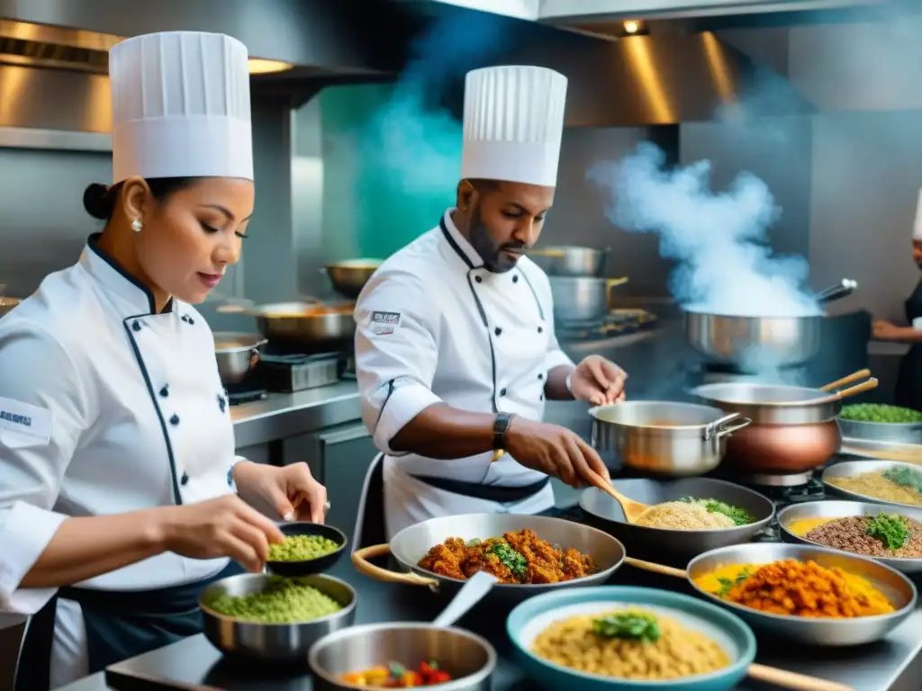 Un vibrante escenario de chefs en una cocina moderna, fusionando la tradición AfroPeruana con creatividad y pasión