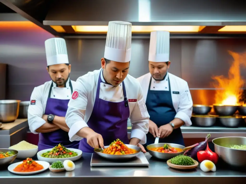 Un vibrante escenario en una cocina de alta gama en un restaurante peruano, donde chefs apasionados preparan platos gourmet