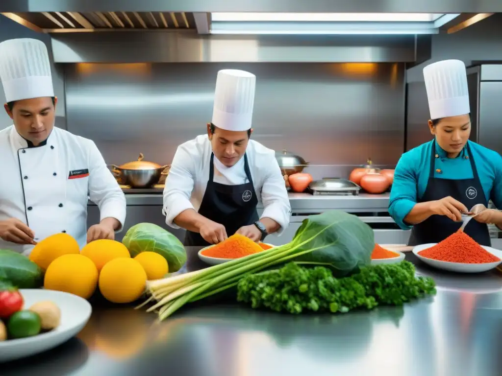 Un vibrante escenario de cocina con chefs preparando platos peruanos con ingredientes autóctonos