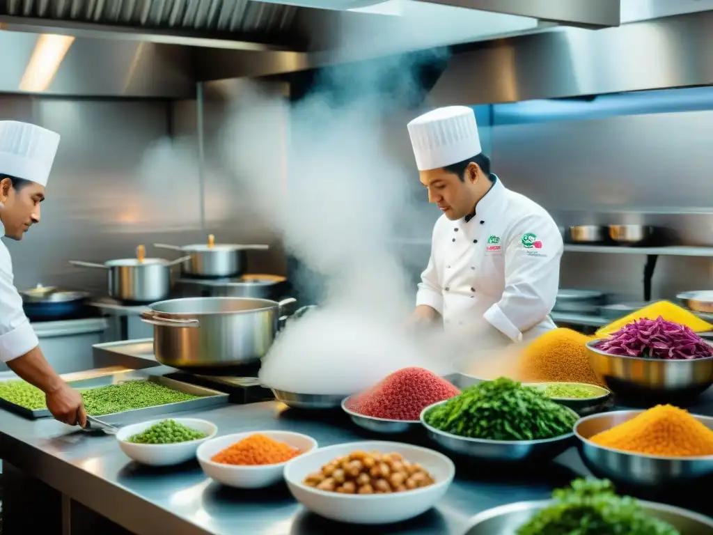 Un vibrante escenario de cocina en Lima, Perú, con chefs preparando platos de la cocina peruana tradicional y contemporánea