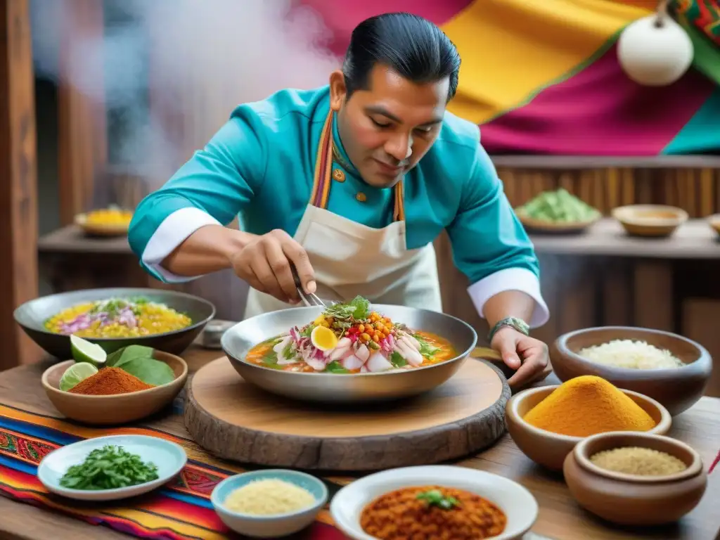 Un vibrante escenario de cocina peruana tradicional con Platos peruanos mestizos tradicionales contemporáneos