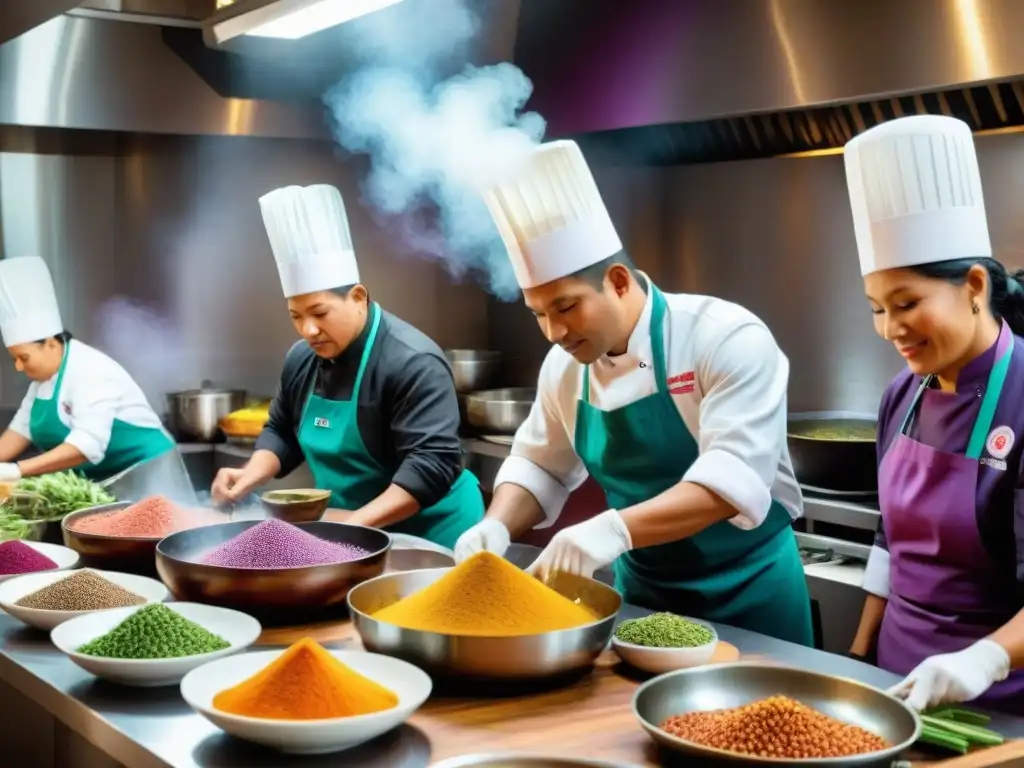 Un vibrante escenario de cocina peruana con chefs preparando platos tradicionales usando ingredientes autóctonos