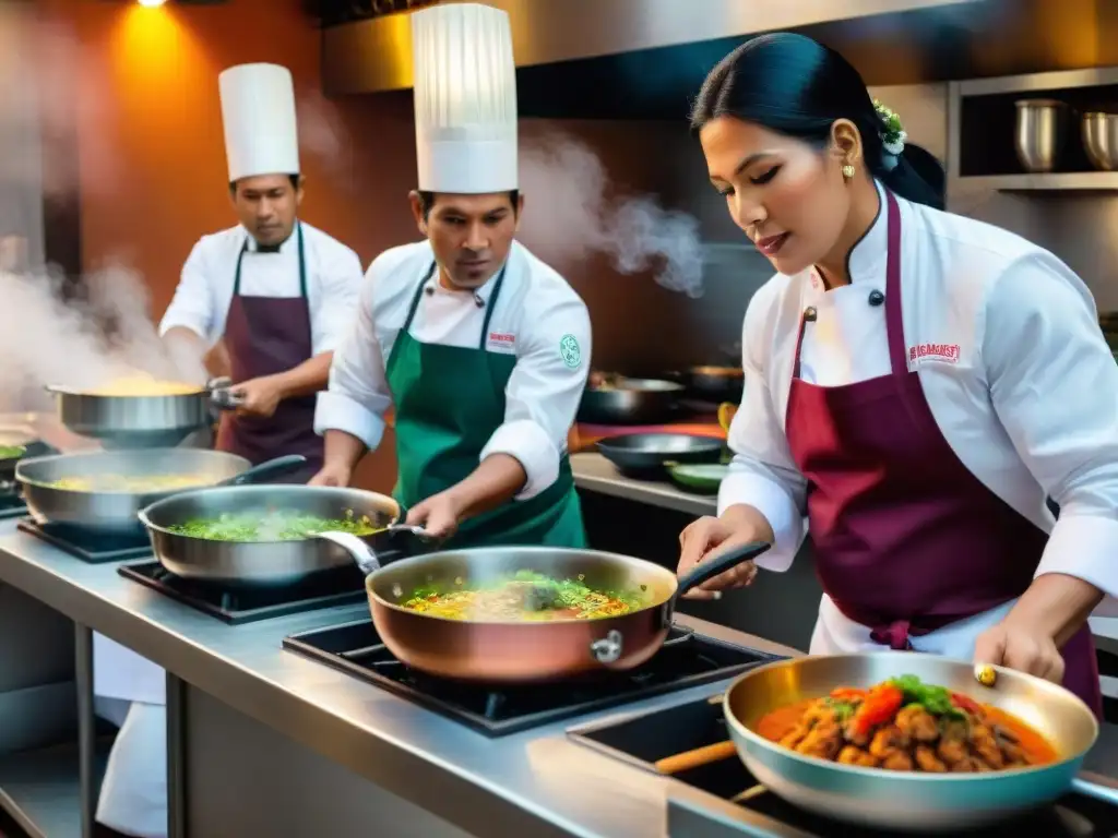 Un vibrante escenario en una cocina peruana fusionando tradición e innovación con chefs apasionados y tecnología