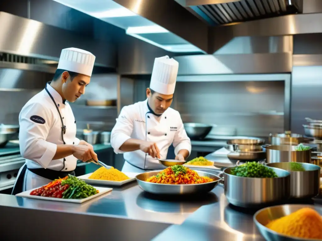 Un vibrante escenario de cocina peruana moderna con chefs concentrados utilizando tecnología avanzada