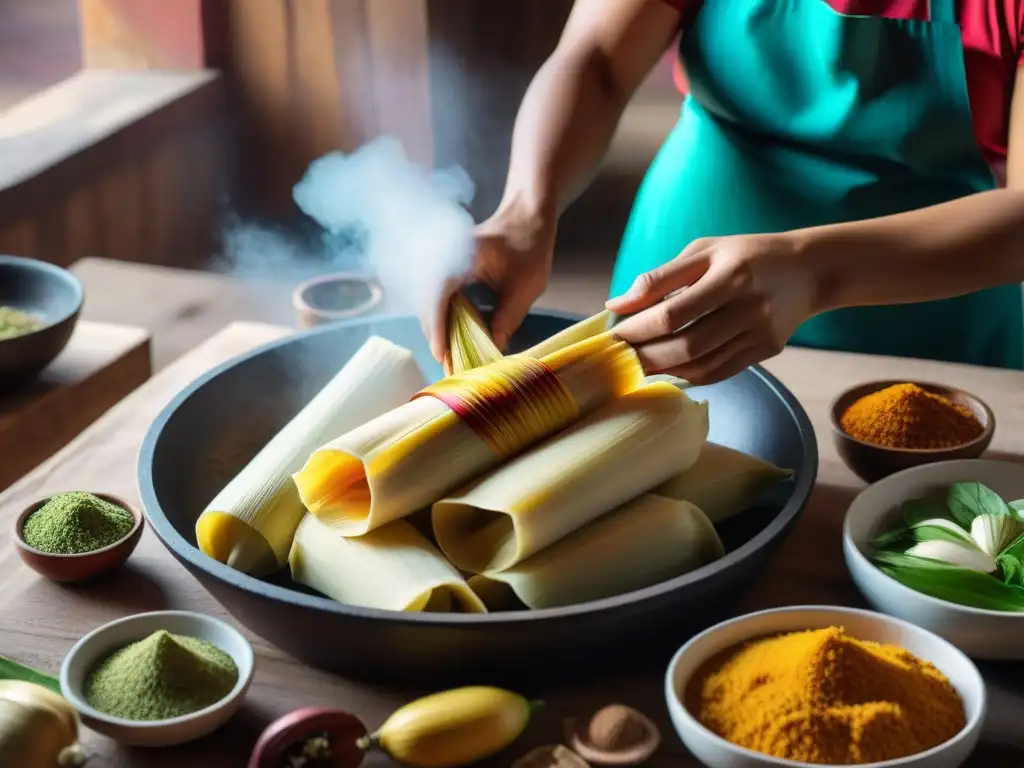 Un vibrante escenario de cocina peruana tradicional, donde hábiles manos preparan tamales